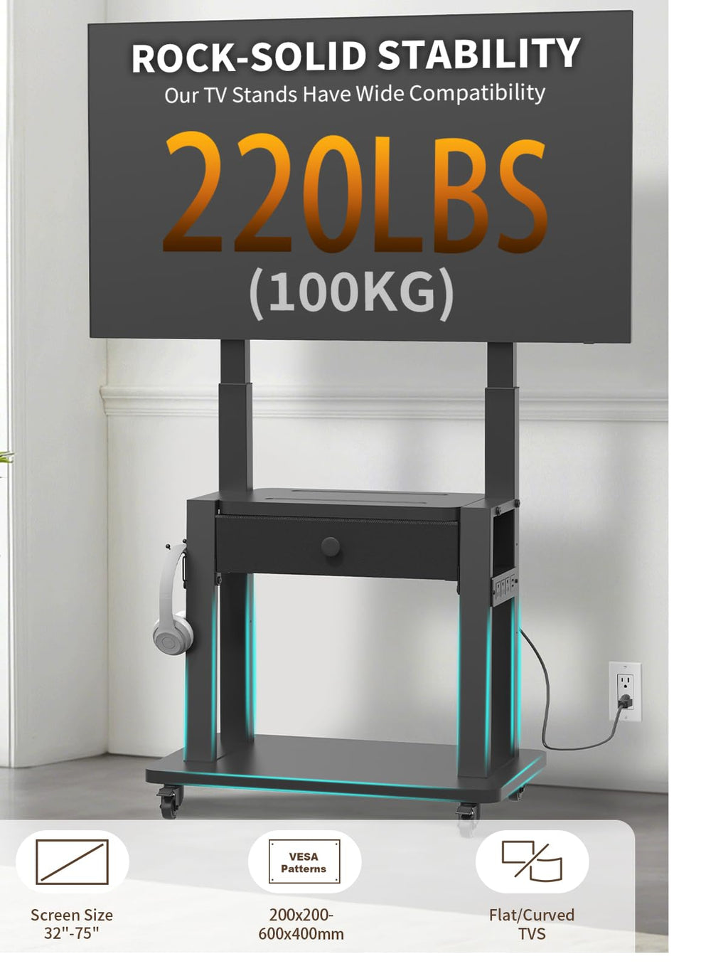 Black Rolling TV Stand with Power Outlet for 32-75 Inch Screens B19573