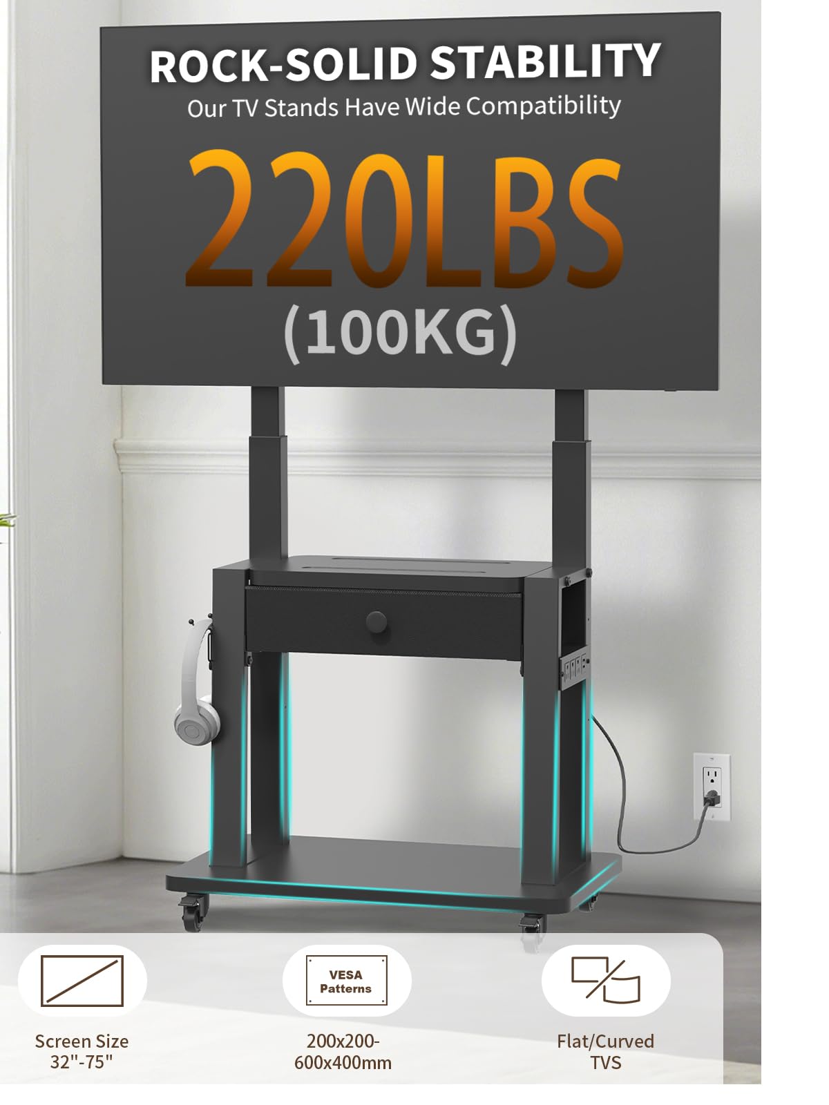 Black Rolling TV Stand with Power Outlet for 32-75 Inch Screens B19573