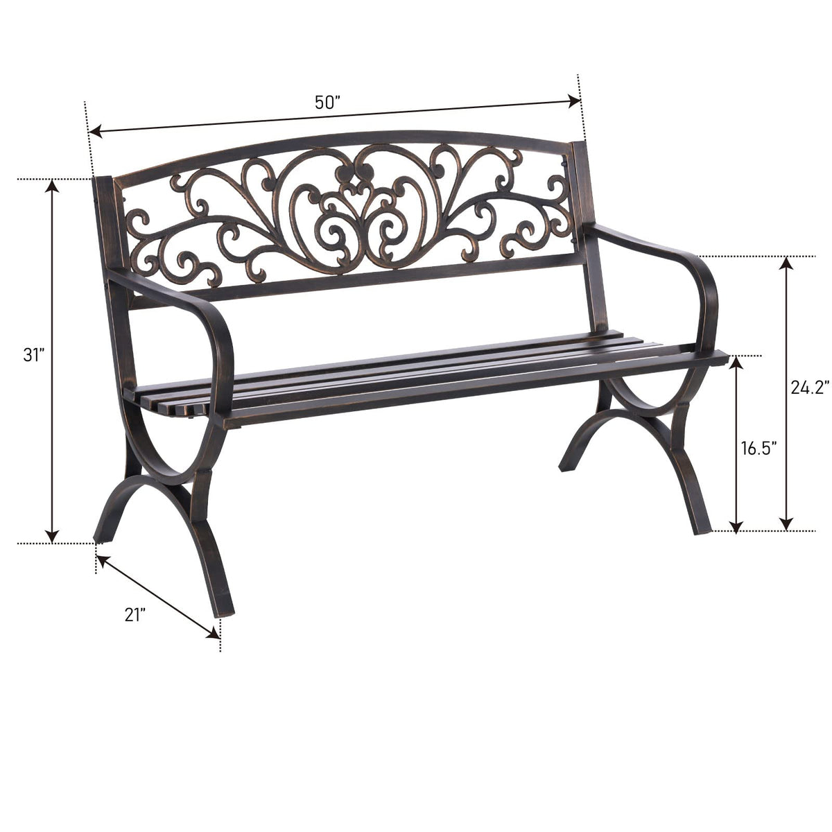 50 Inches Bronze Metal Garden Bench K785526