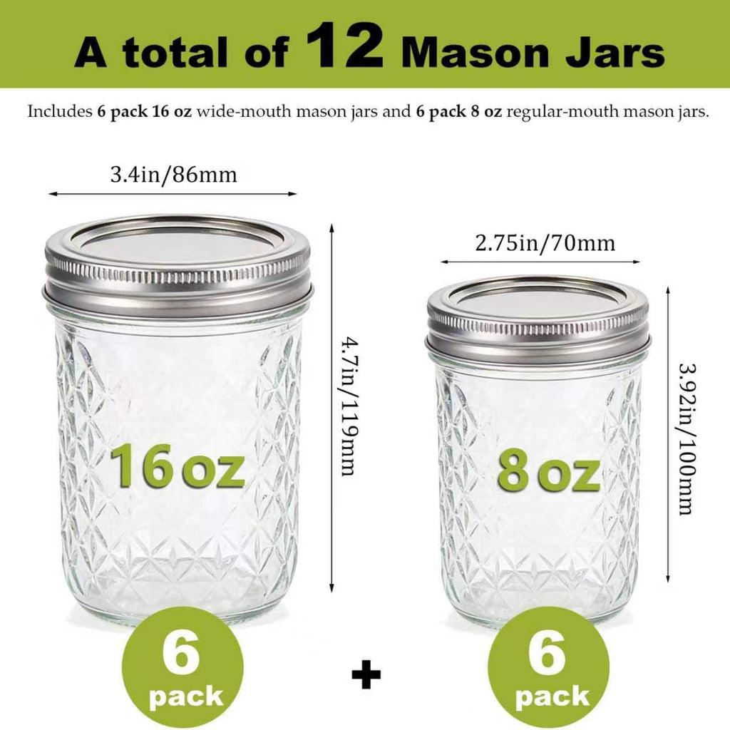 12 Pack Glass Mason Jars with Lids 16 oz & 8 oz E10363