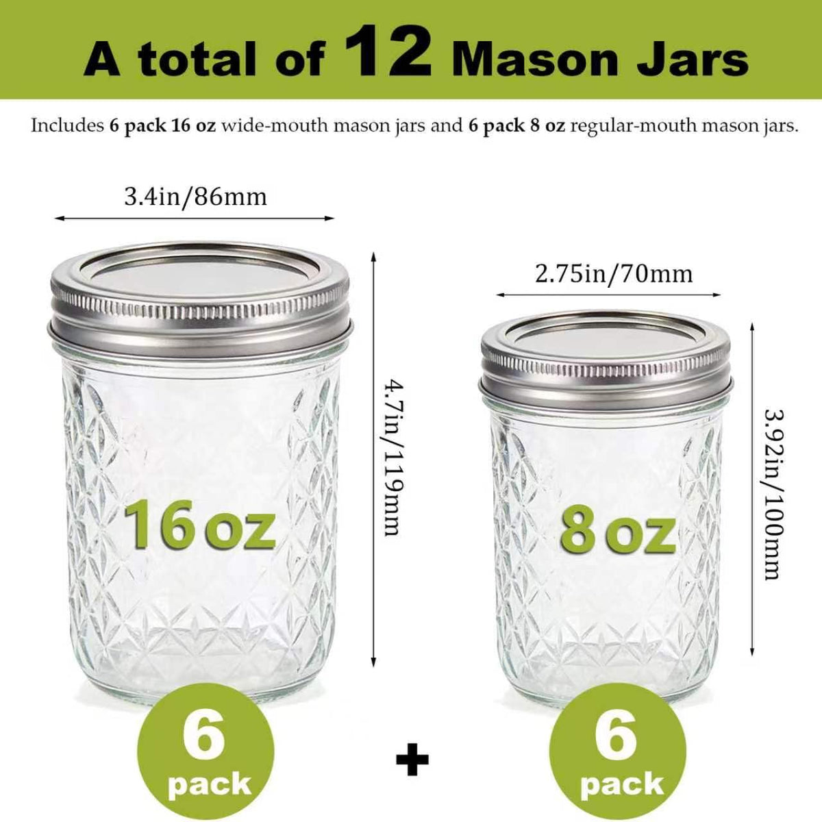 12 Pack Glass Mason Jars with Lids 16 oz & 8 oz E10363