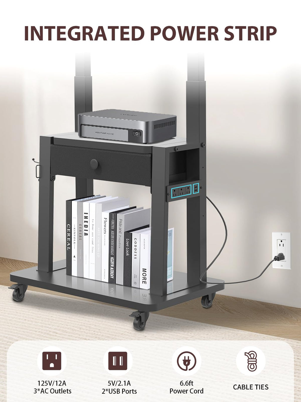 Black Rolling TV Stand with Power Outlet for 32-75 Inch Screens B19573