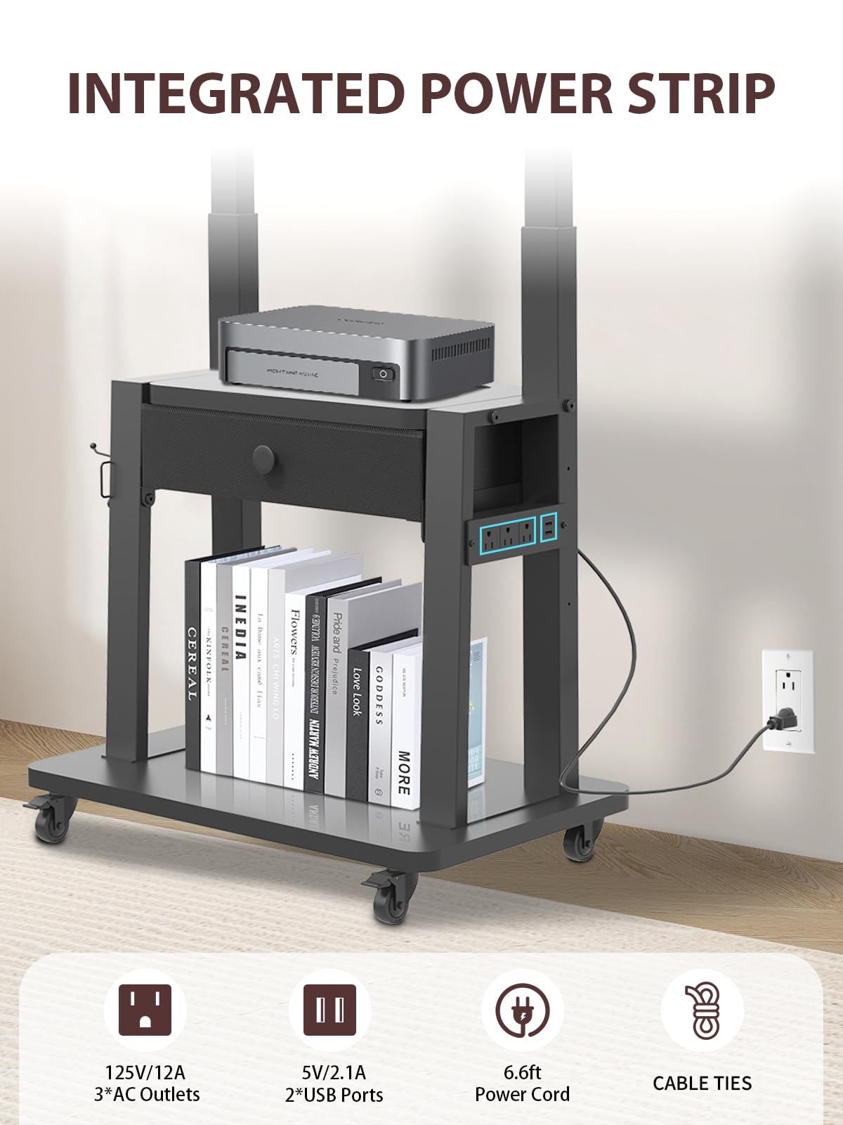 Black Rolling TV Stand with Power Outlet for 32-75 Inch Screens B19573