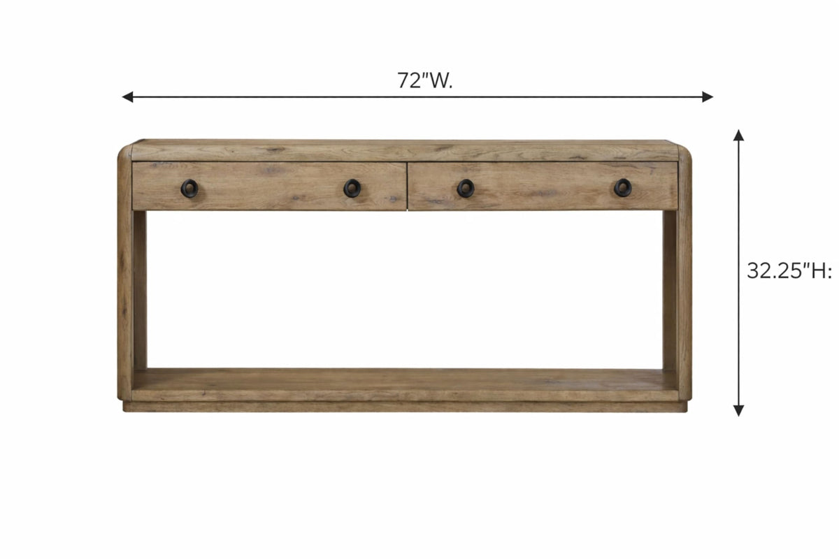 English Knotty Oak Console Table, Solid Wood and Engineered Wood Veneer, Two Self-Closing Drawers, Open Lower Shelf, Rounded Edges, 72 x 16 x 32.25 Inchs, Oak Finish W8725