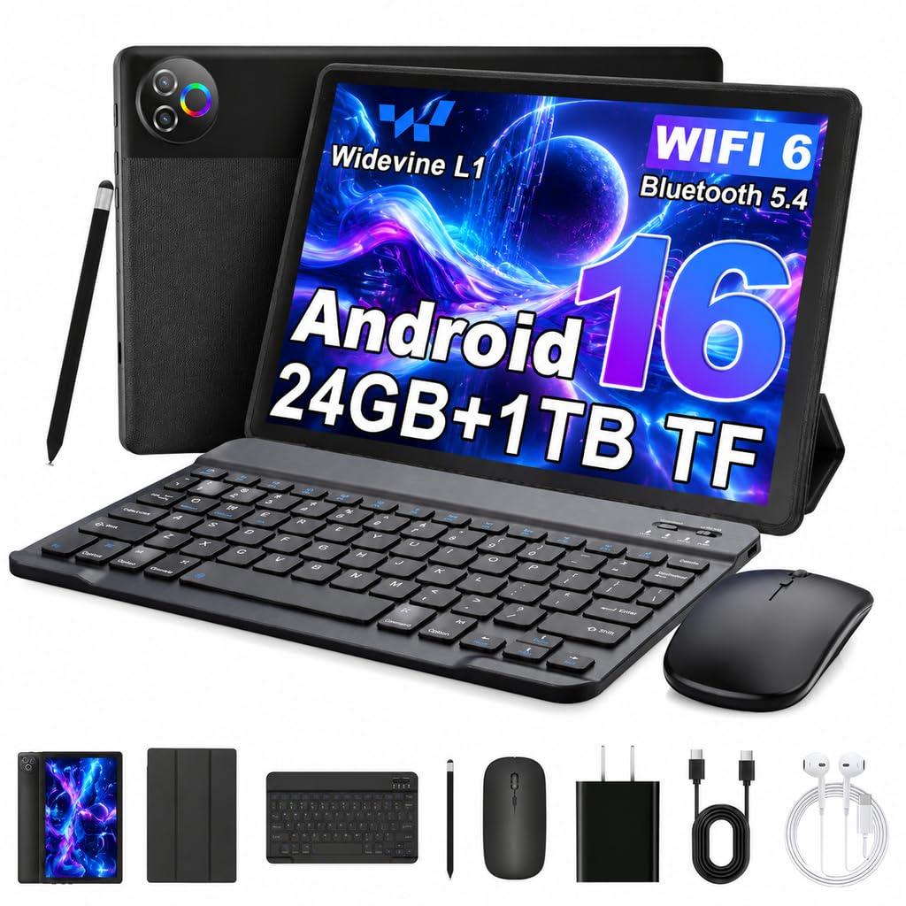 Android 16 Tablet with Keyboard Mouse Stylus Case, 24GB RAM 1TB TF Expand, 10 inch HD IPS Screen C17861