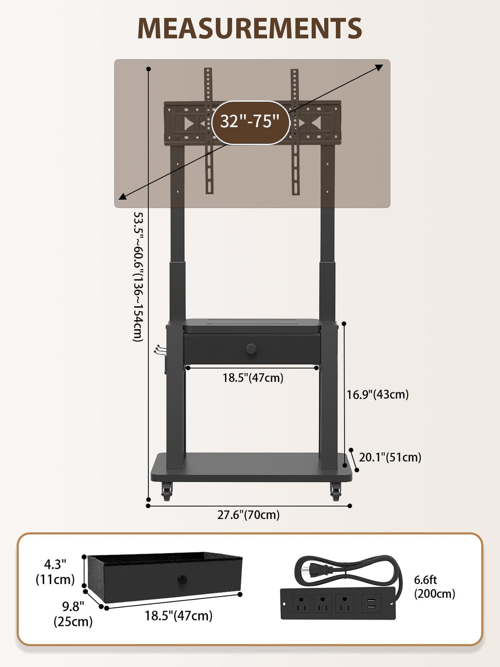 Black Rolling TV Stand with Power Outlet for 32-75 Inch Screens B19573