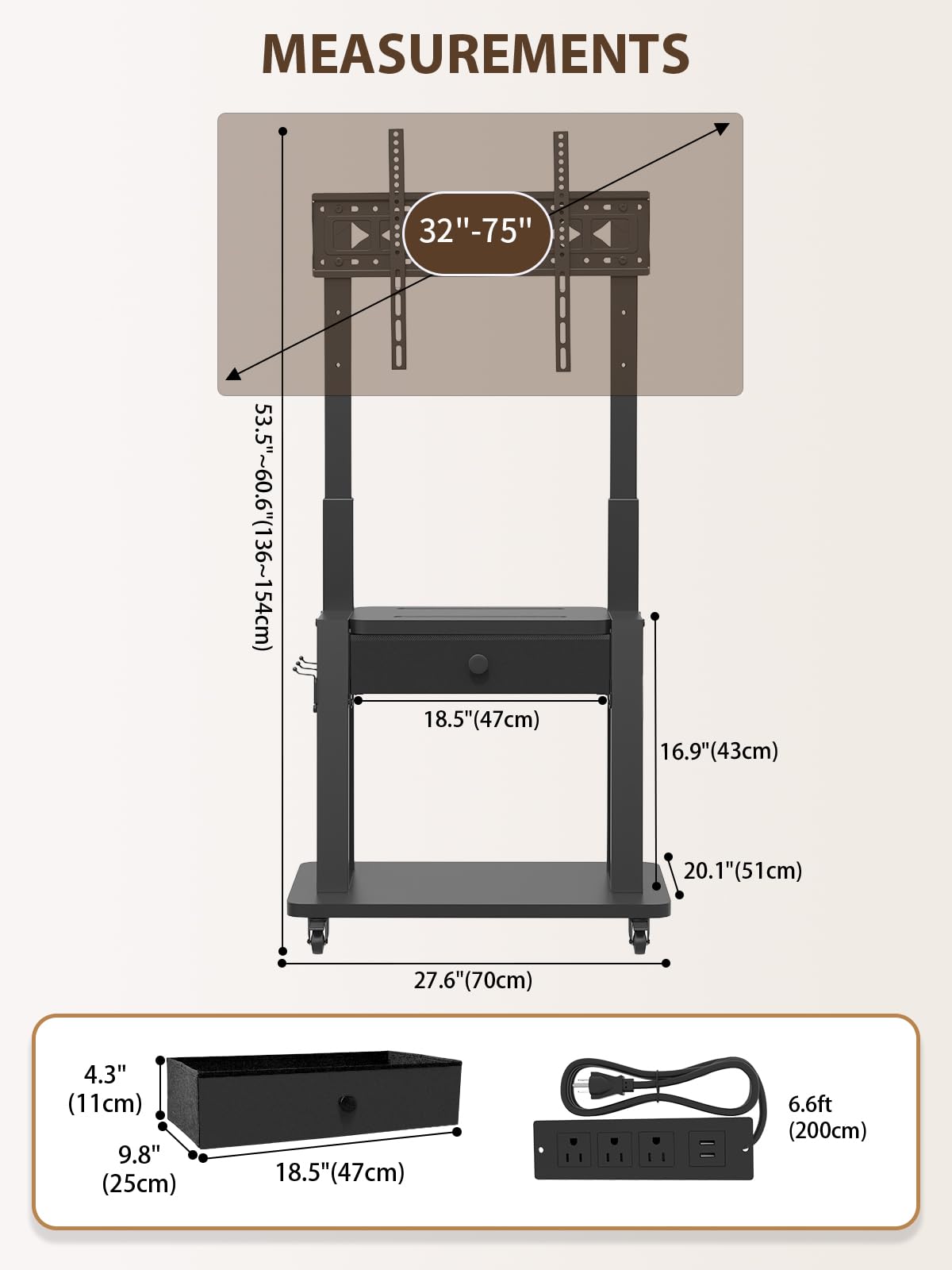 Black Rolling TV Stand with Power Outlet for 32-75 Inch Screens B19573