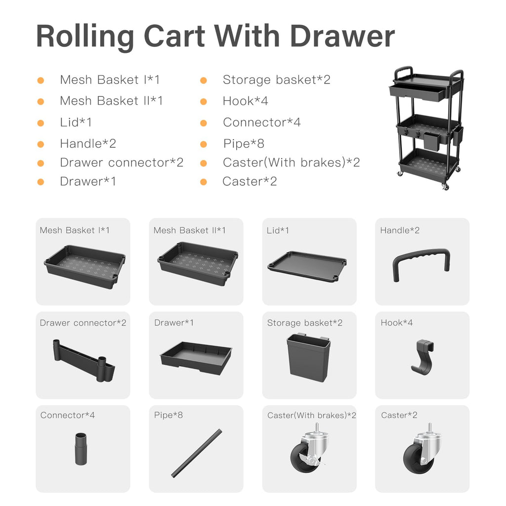 3 Tier Rolling Utility Cart with Drawer H886