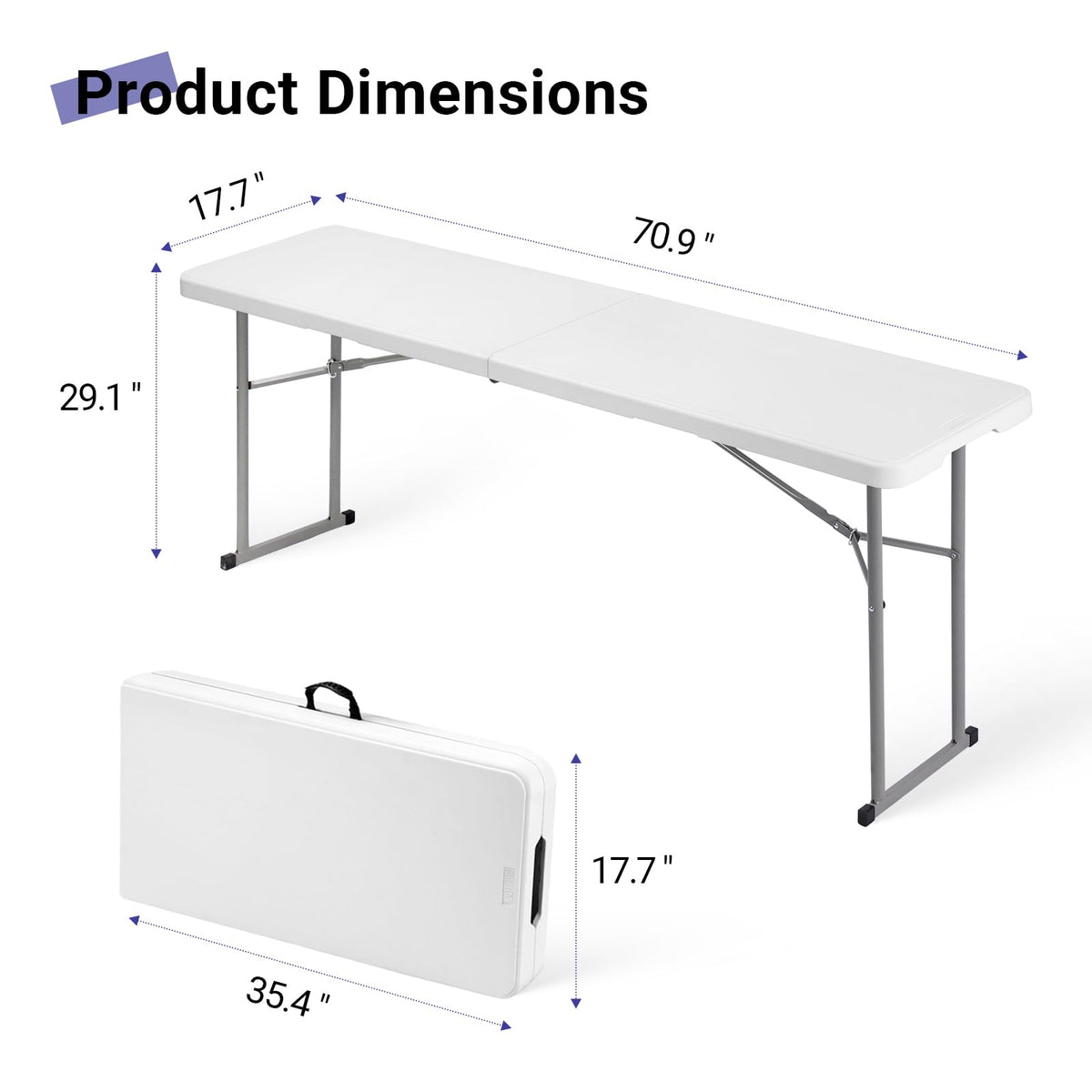 Folding Table 6FT Narrow Portable Plastic Heavy Duty Table, White T66851