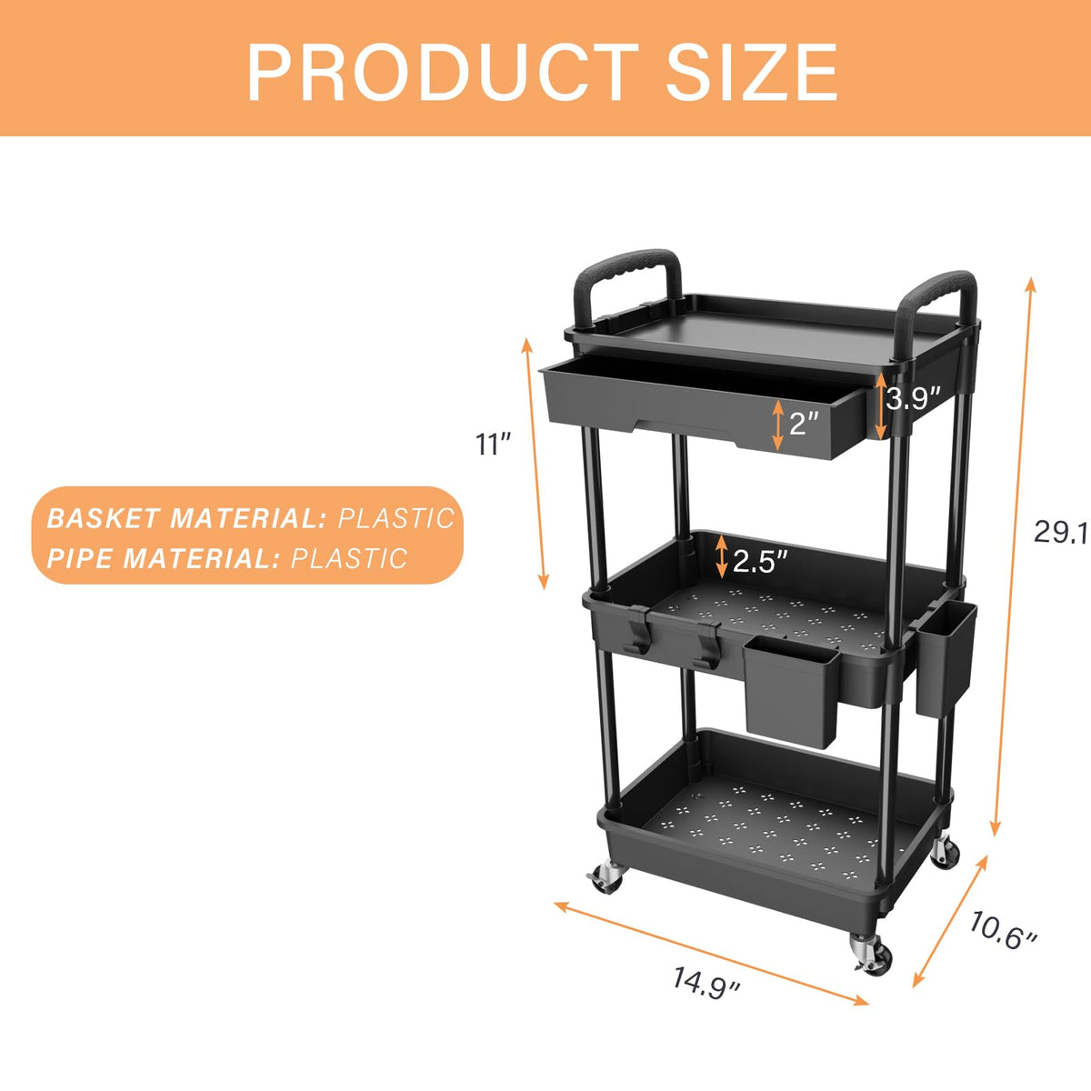 3 Tier Rolling Utility Cart with Drawer H886
