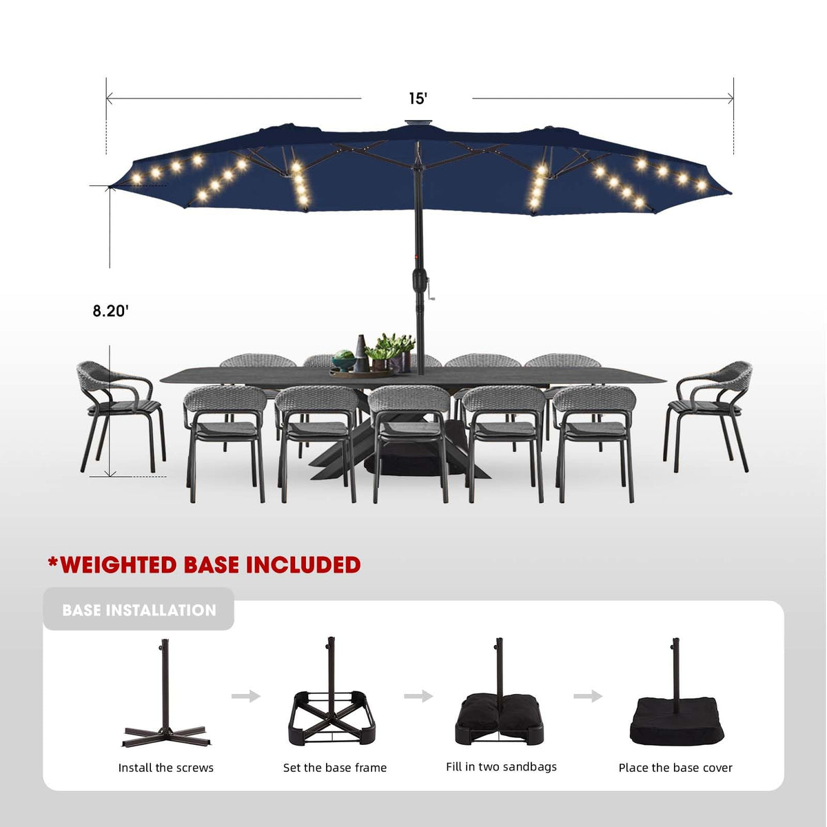 15ft Double-Sided Patio Umbrella with Base P2217