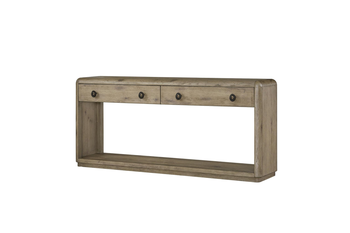 English Knotty Oak Console Table, Solid Wood and Engineered Wood Veneer, Two Self-Closing Drawers, Open Lower Shelf, Rounded Edges, 72 x 16 x 32.25 Inchs, Oak Finish W8725
