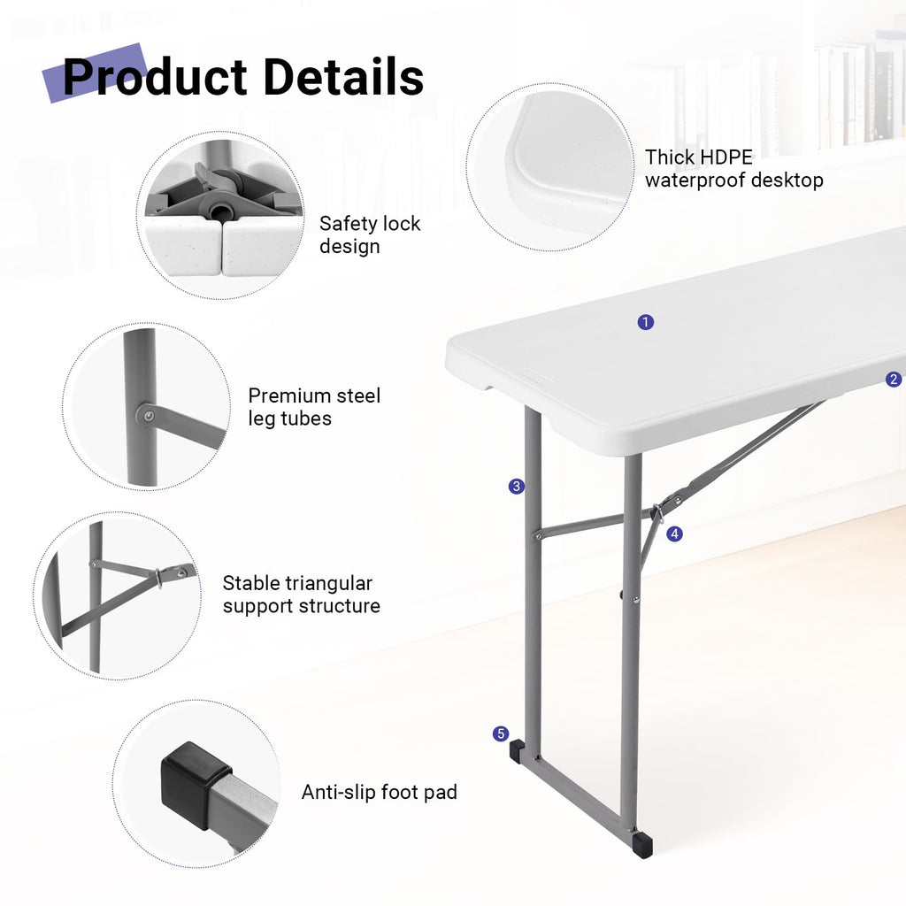 Folding Table 6FT Narrow Portable Plastic Heavy Duty Table, White T66851