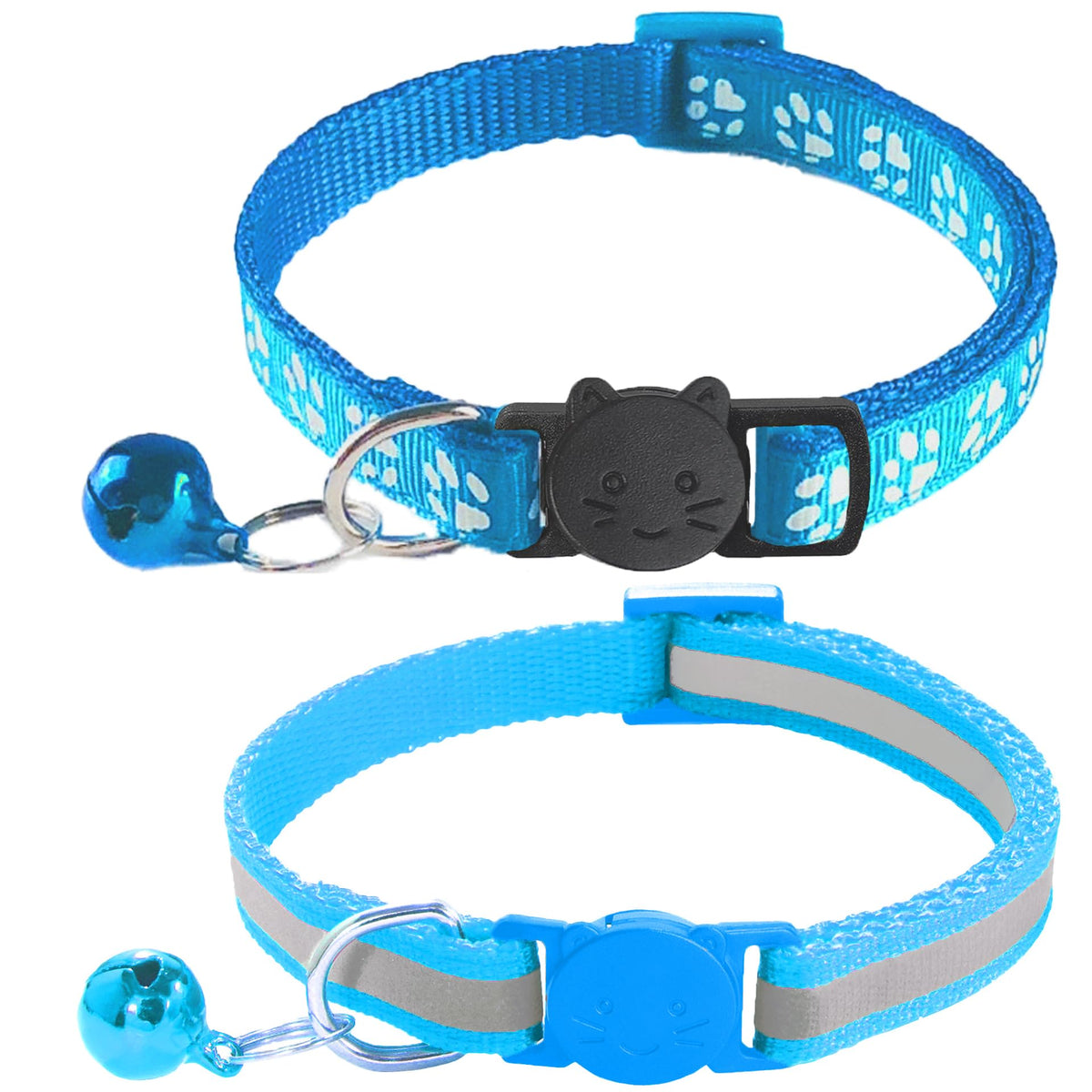 2 Pack Breakaway Cat Collars with Bells, Reflective, Claw Print, Sky Blue S873