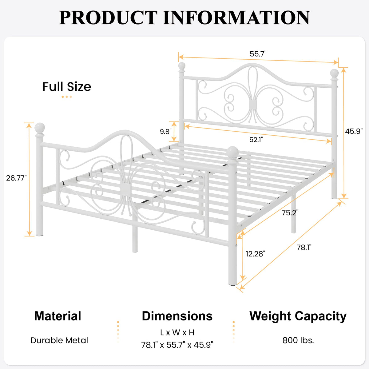 Full Size White Metal Bed Frame with Headboard C620