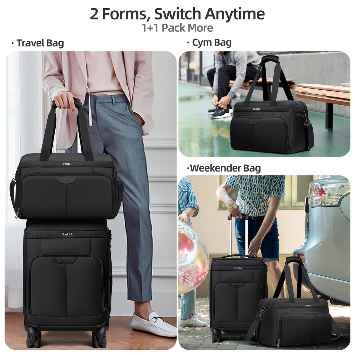 Black Expandable Carry-On Luggage Duffel Bag with Adjustable Strap R602597