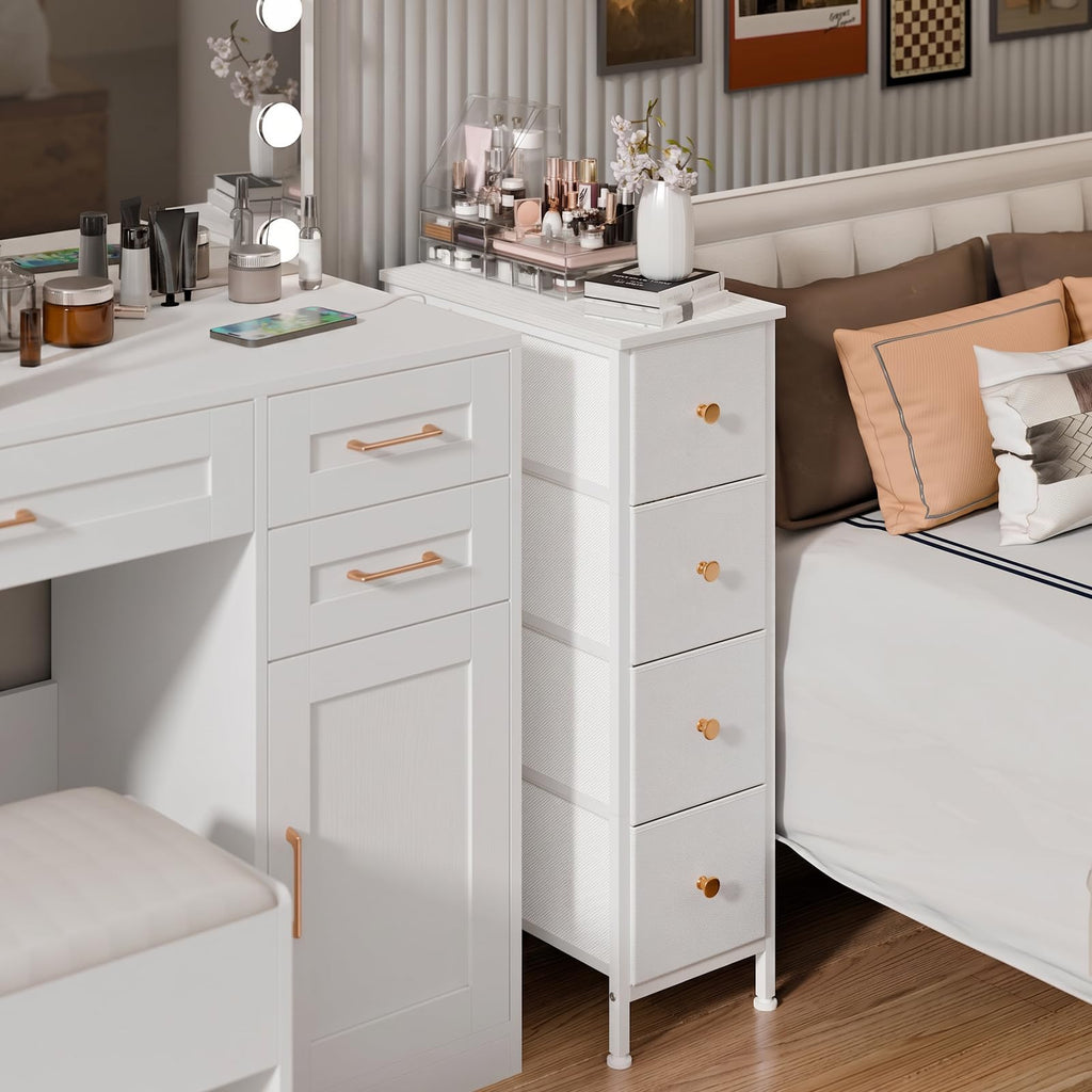 White 4 Fabric Drawer Narrow Storage Cabinet B290