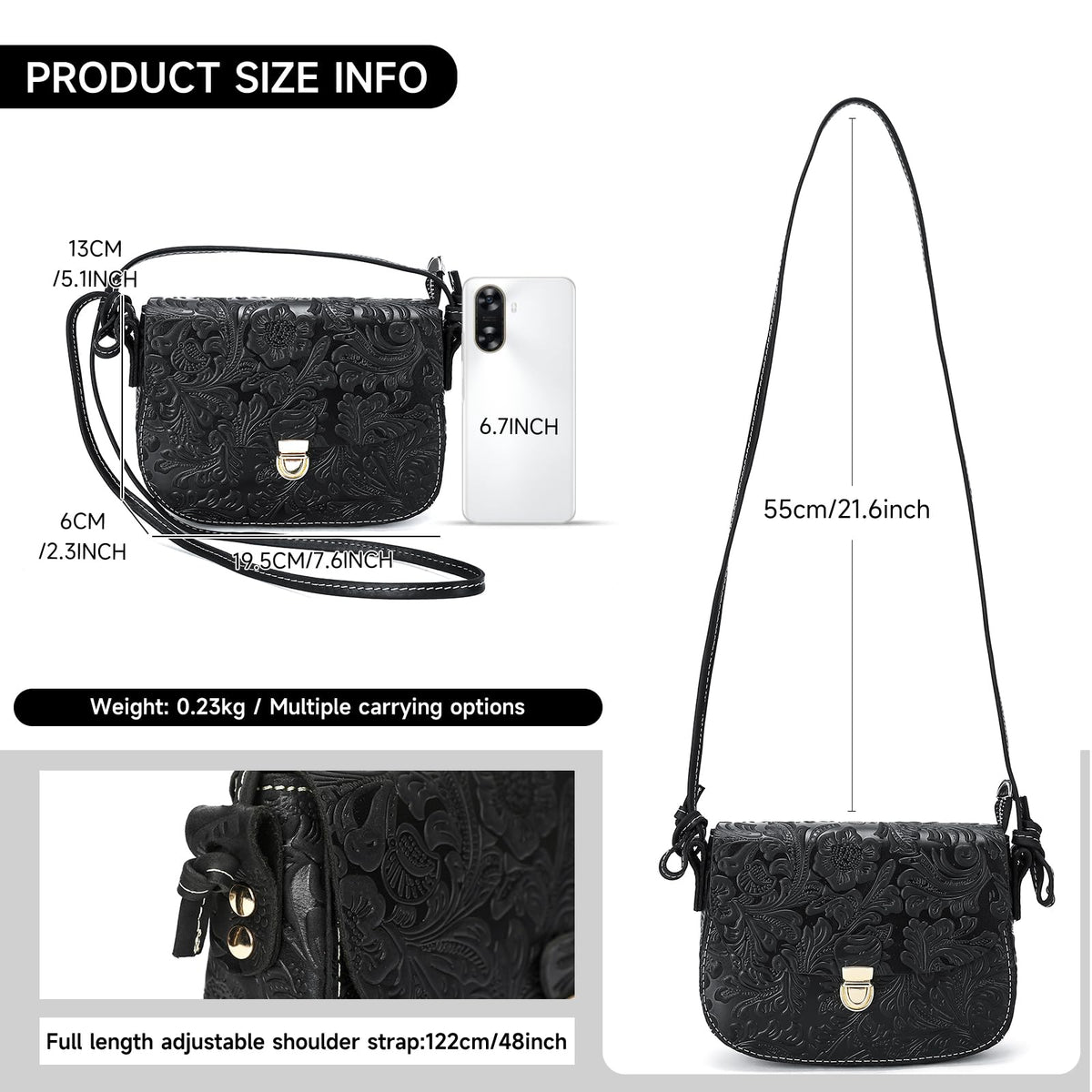 Genuine Leather Floral Embossed Crossbody Bag E382