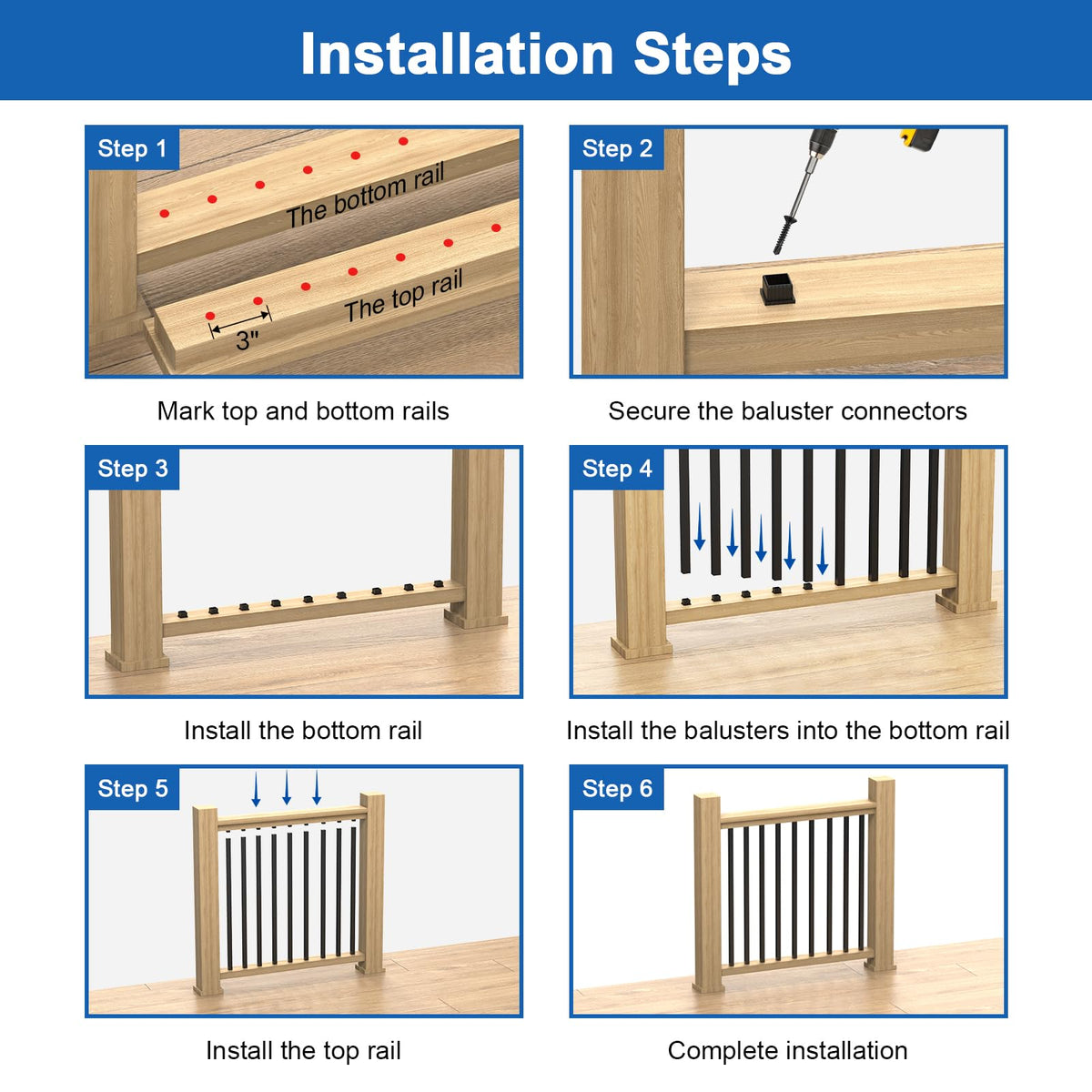 100 Pack 26" Square Black Aluminum Deck Balusters L953673