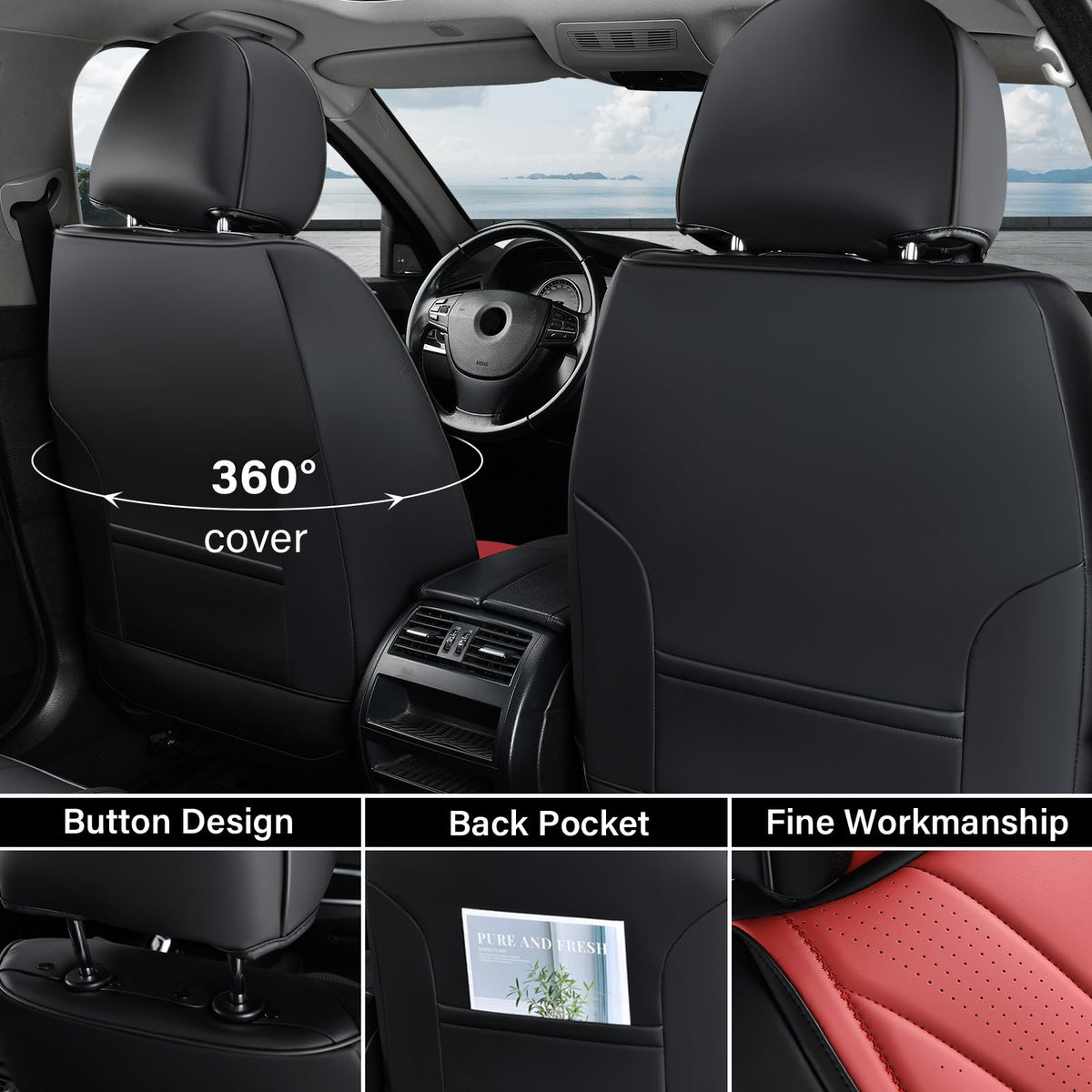 Black Red 2 Pack Leather Car Seat Covers U8688