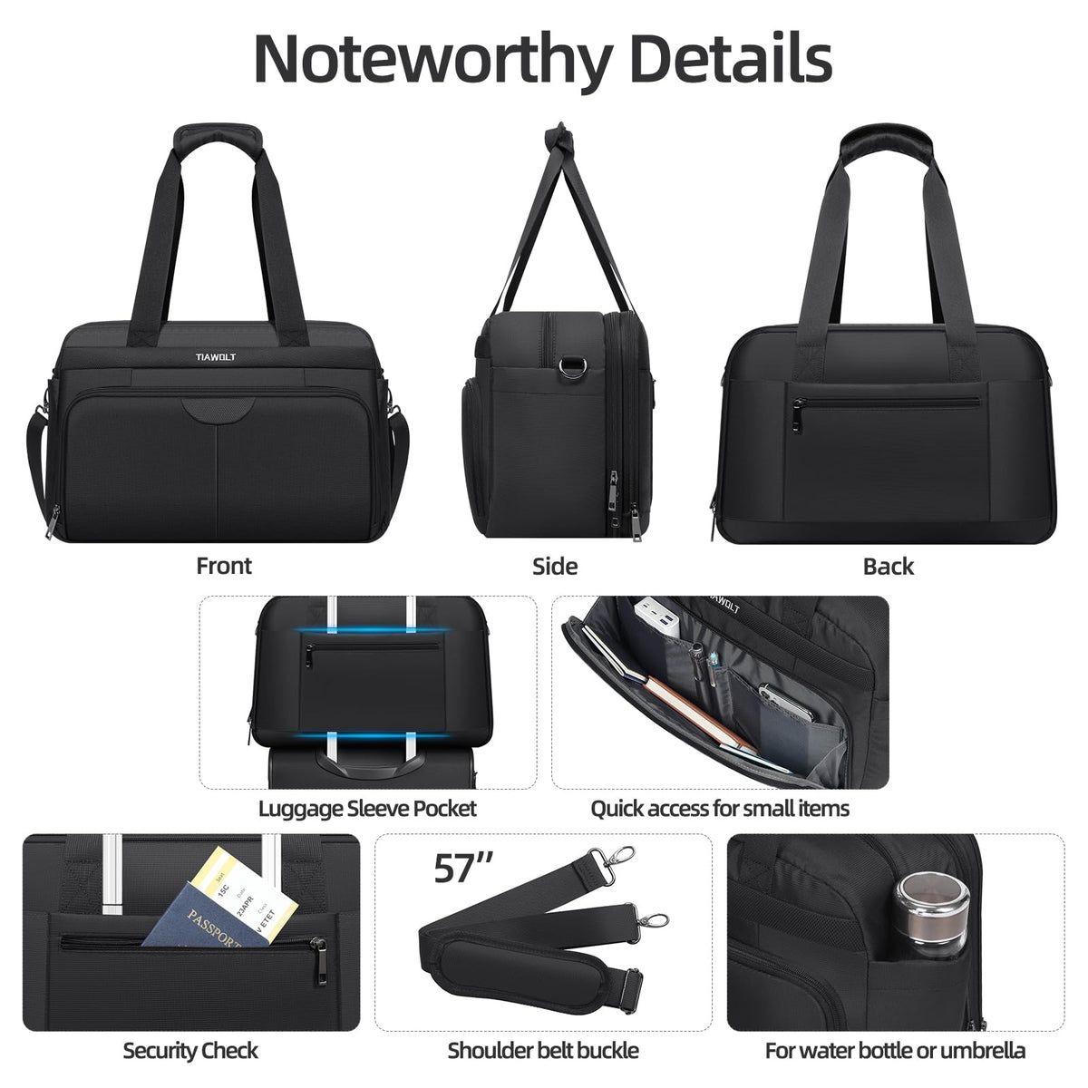 Black Expandable Carry-On Luggage Duffel Bag with Adjustable Strap R602597