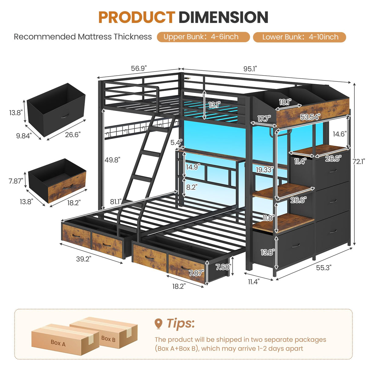Black Triple Bunk Bed with 8 Storage Drawers and Stair V27205