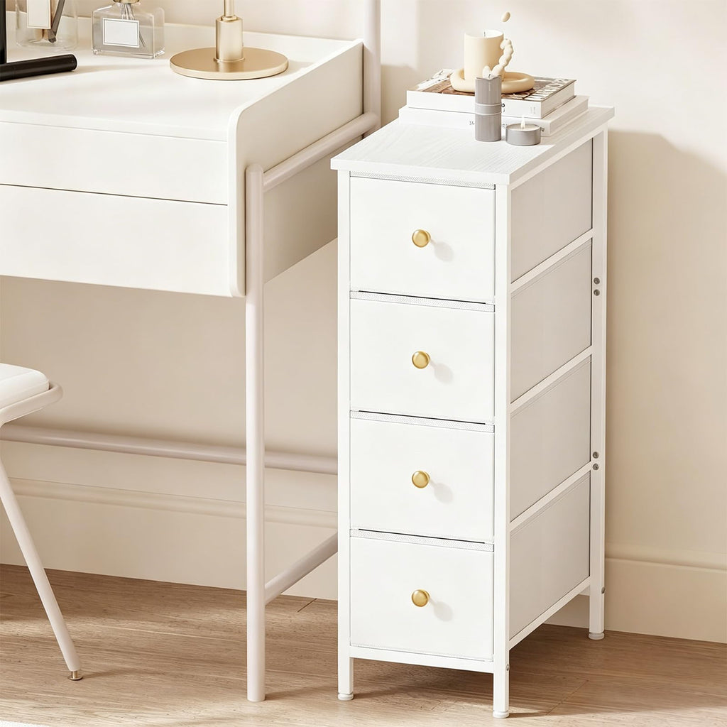 White 4 Fabric Drawer Narrow Storage Cabinet B290