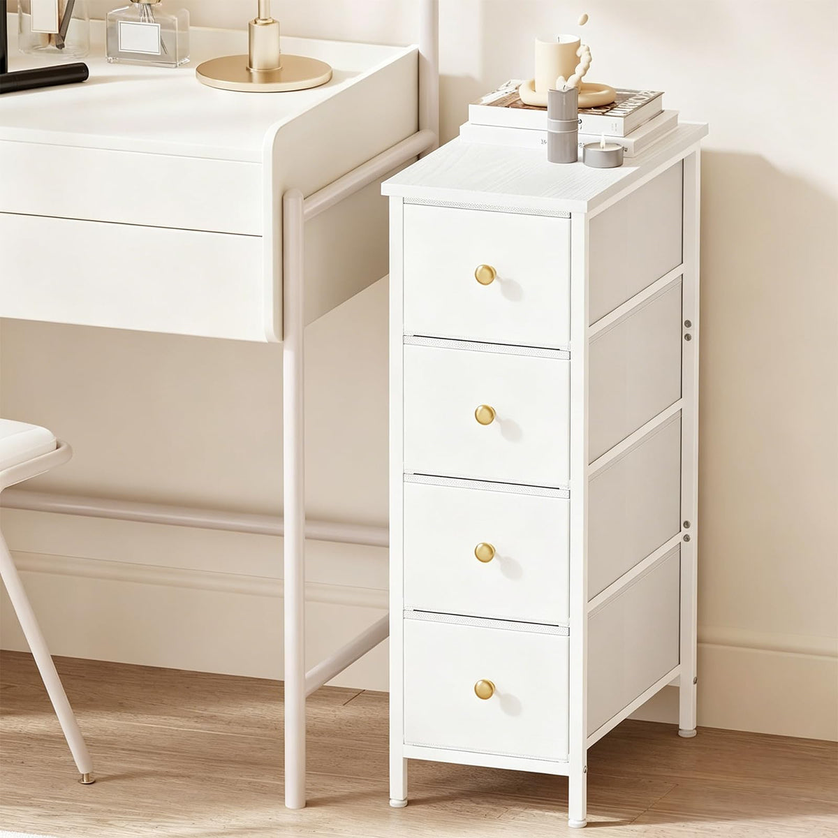 White 4 Fabric Drawer Narrow Storage Cabinet B290