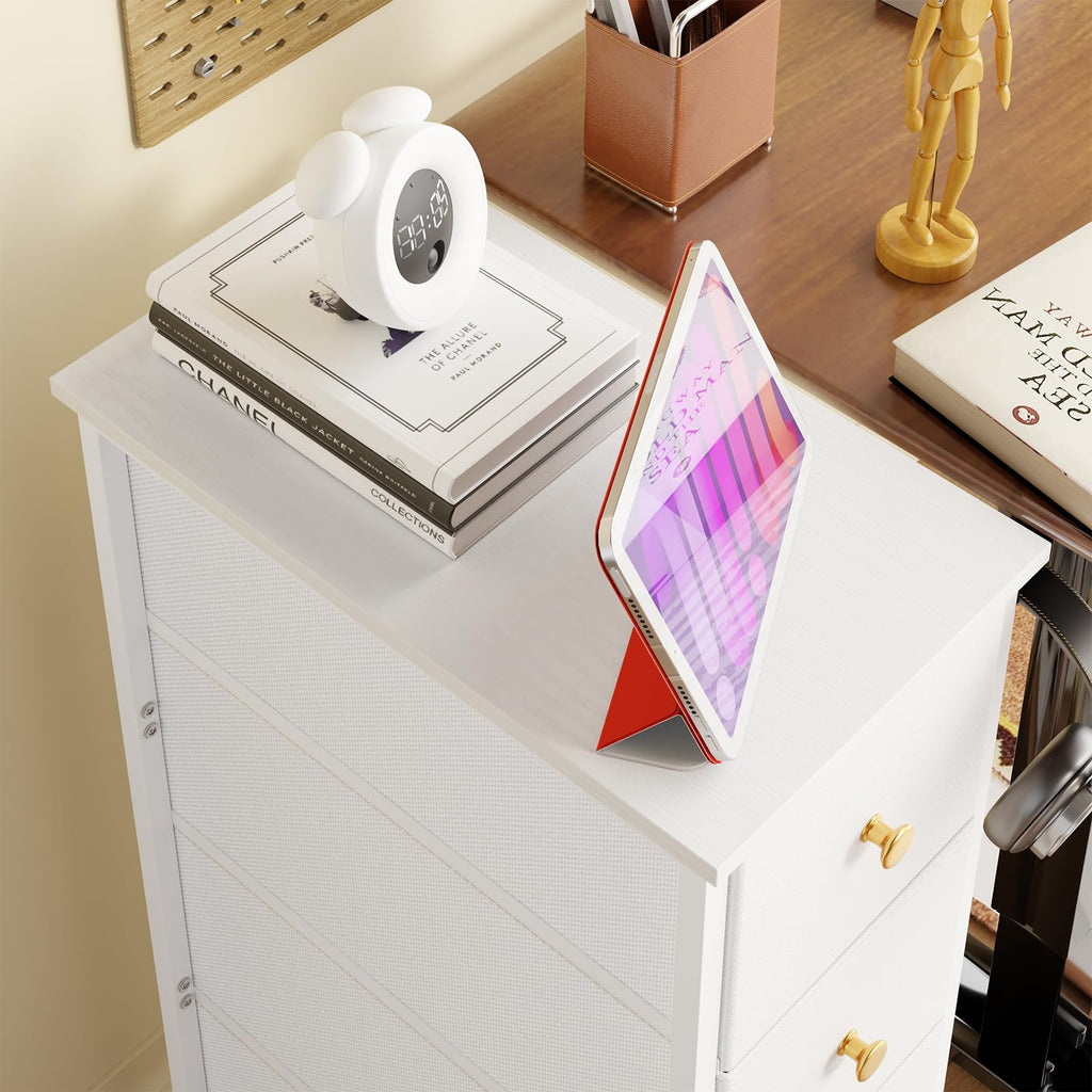 White 4 Fabric Drawer Narrow Storage Cabinet B290