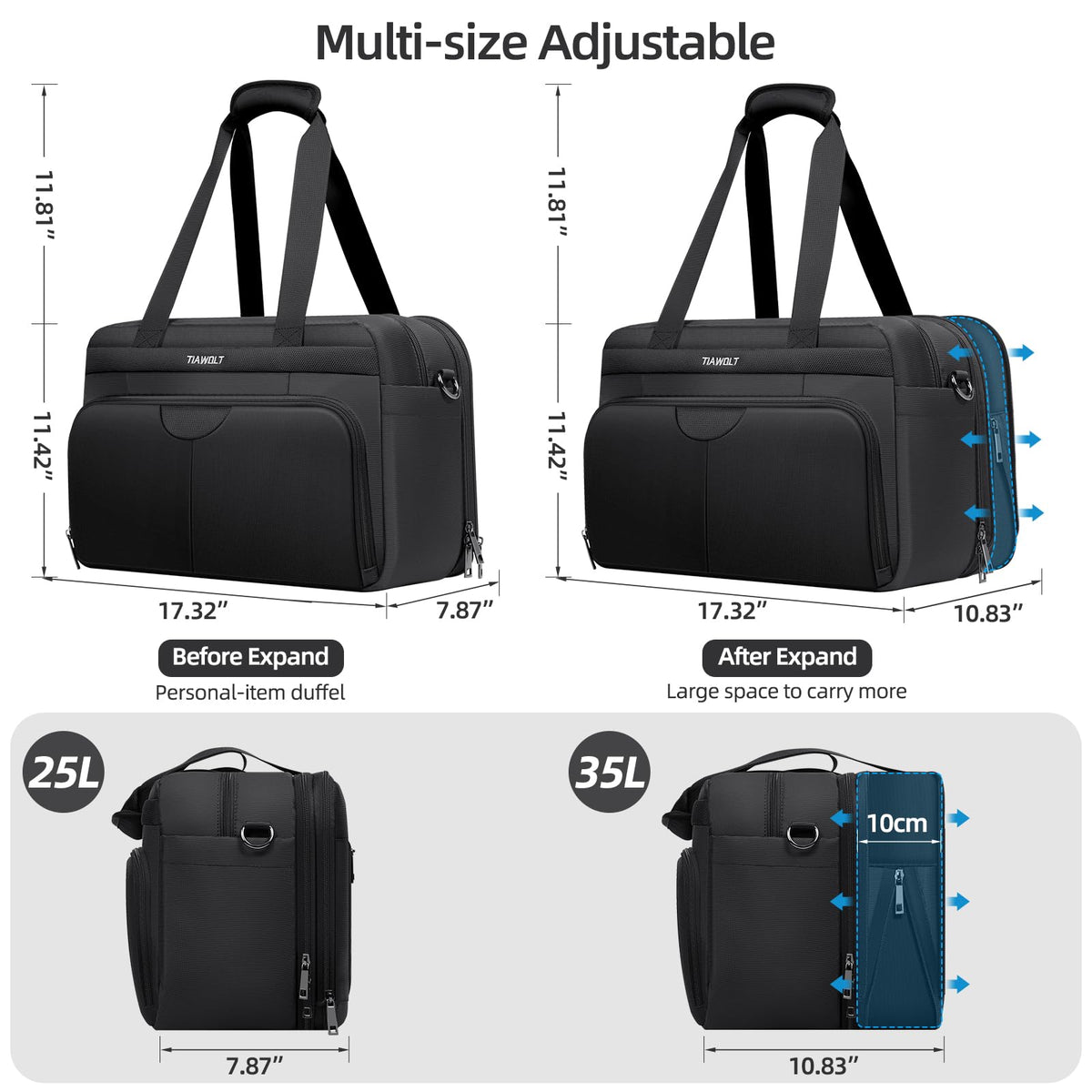 Black Expandable Carry-On Luggage Duffel Bag with Adjustable Strap R602597