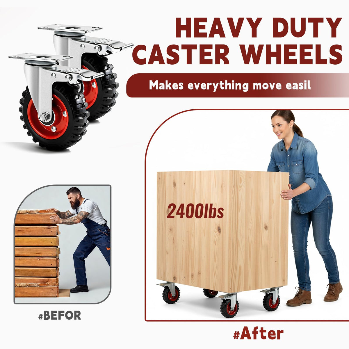 5 Inch Heavy Duty Casters Set of 4 Dual Locking Rubber Swivel Plate K8943