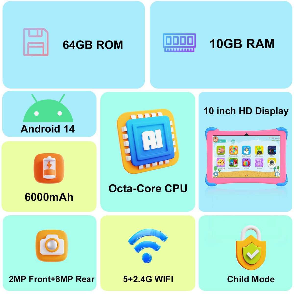 10 inch Android 14 Kids Tablet with Case L52986