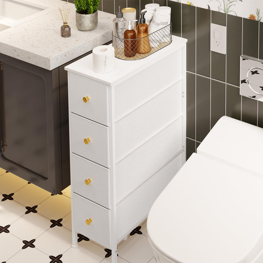 White 4 Fabric Drawer Narrow Storage Cabinet B290