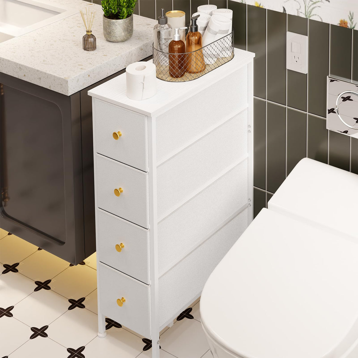 White 4 Fabric Drawer Narrow Storage Cabinet B290