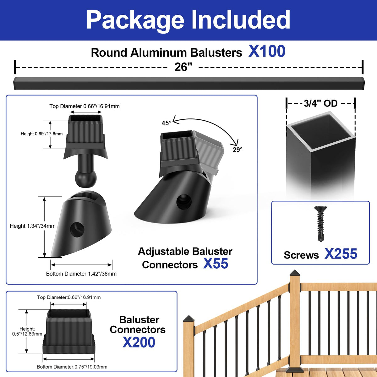 100 Pack 26" Square Black Aluminum Deck Balusters L953673