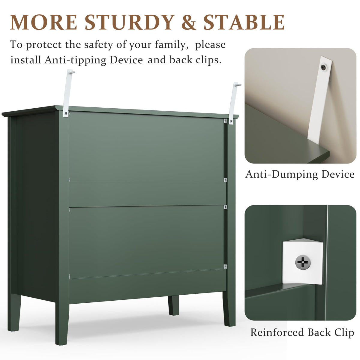 32" Dark Green 3 Drawer Nightstand Set of 2 B3111
