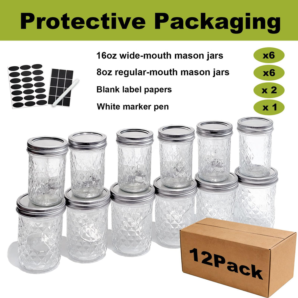 12 Pack Glass Mason Jars with Lids 16 oz & 8 oz E10363