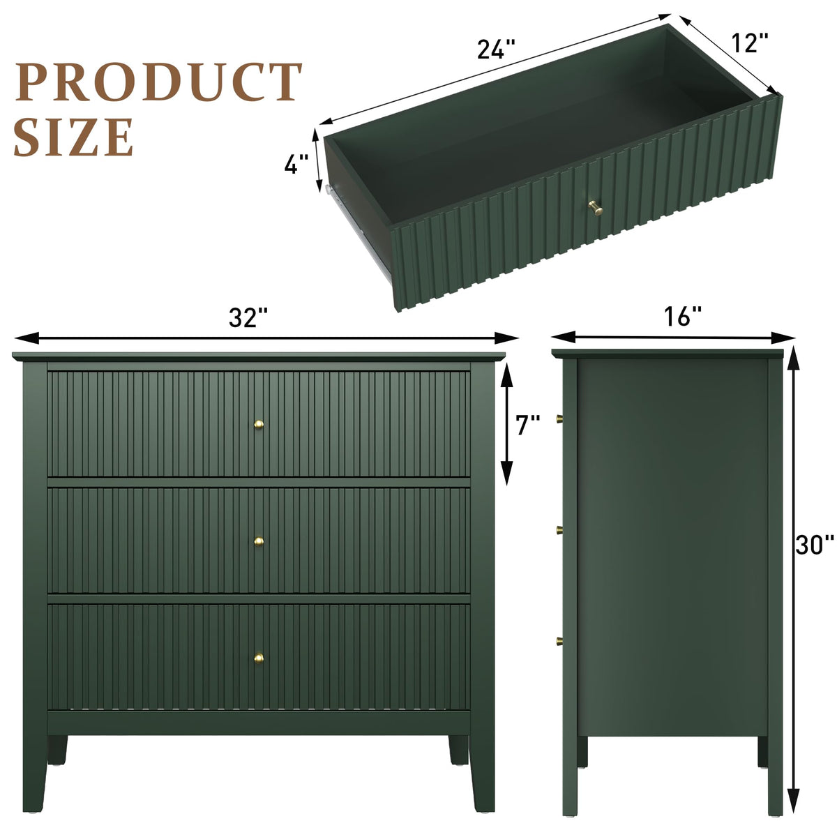 32" Dark Green 3 Drawer Nightstand Set of 2 B3111