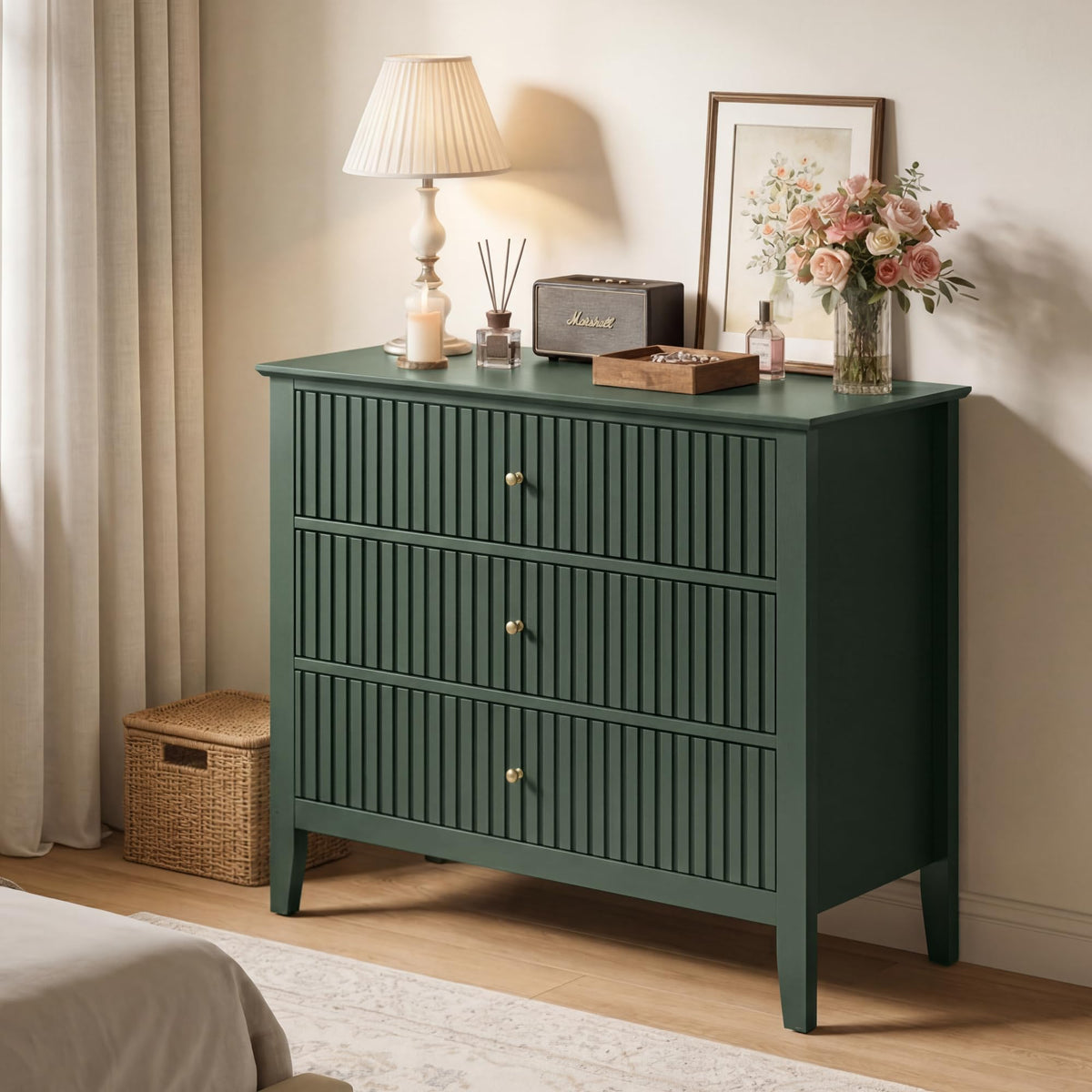 32" Dark Green 3 Drawer Nightstand Set of 2 B3111