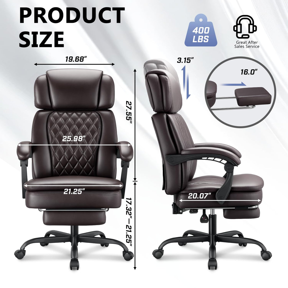 Brown 400lbs Ergonomic PU Leather Office Chair with Foot Rest B71248