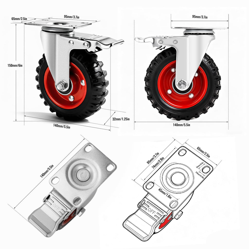 5 Inch Heavy Duty Casters Set of 4 Dual Locking Rubber Swivel Plate K8943