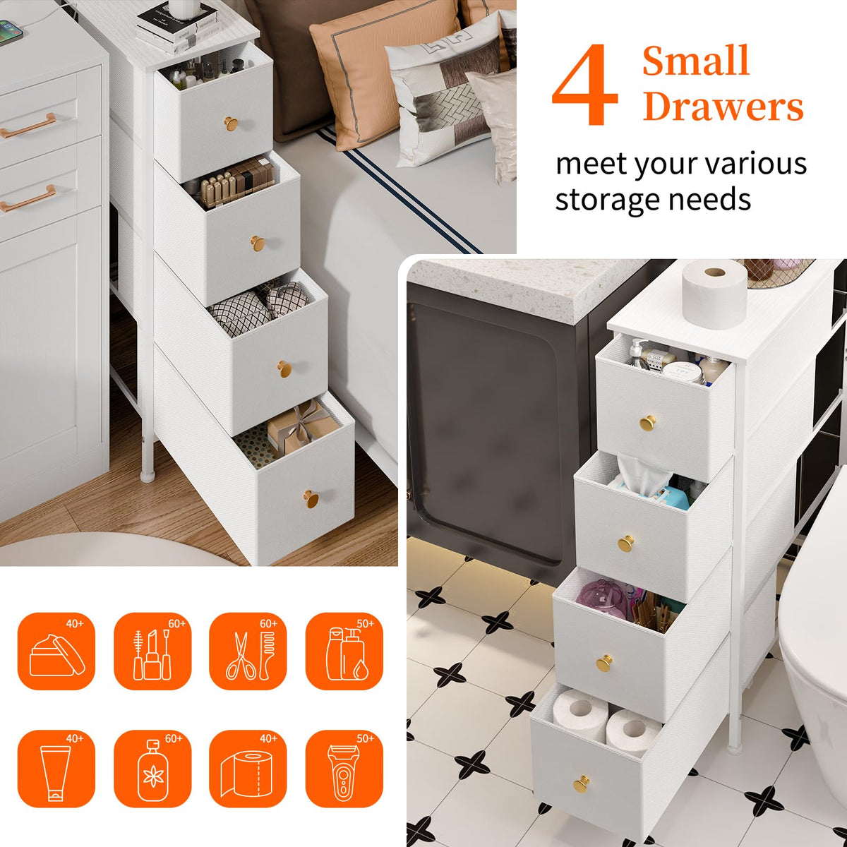 White 4 Fabric Drawer Narrow Storage Cabinet B290