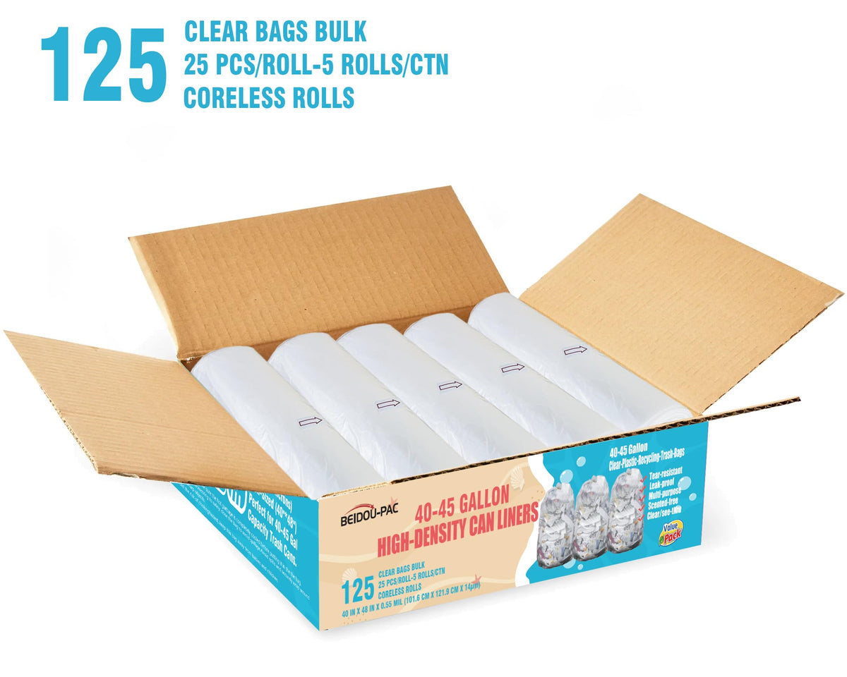 40-45 Gallon Clear Heavy Duty Plastic Trash Bags, 125 Count D563625