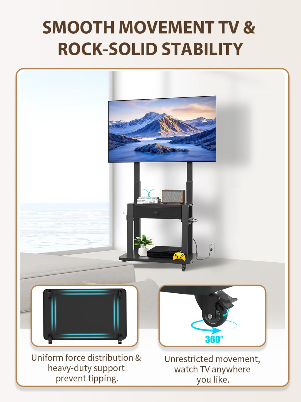 Black Rolling TV Stand with Power Outlet for 32-75 Inch Screens B19573