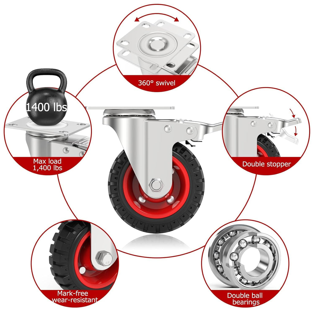 5 Inch Heavy Duty Casters Set of 4 Dual Locking Rubber Swivel Plate K8943