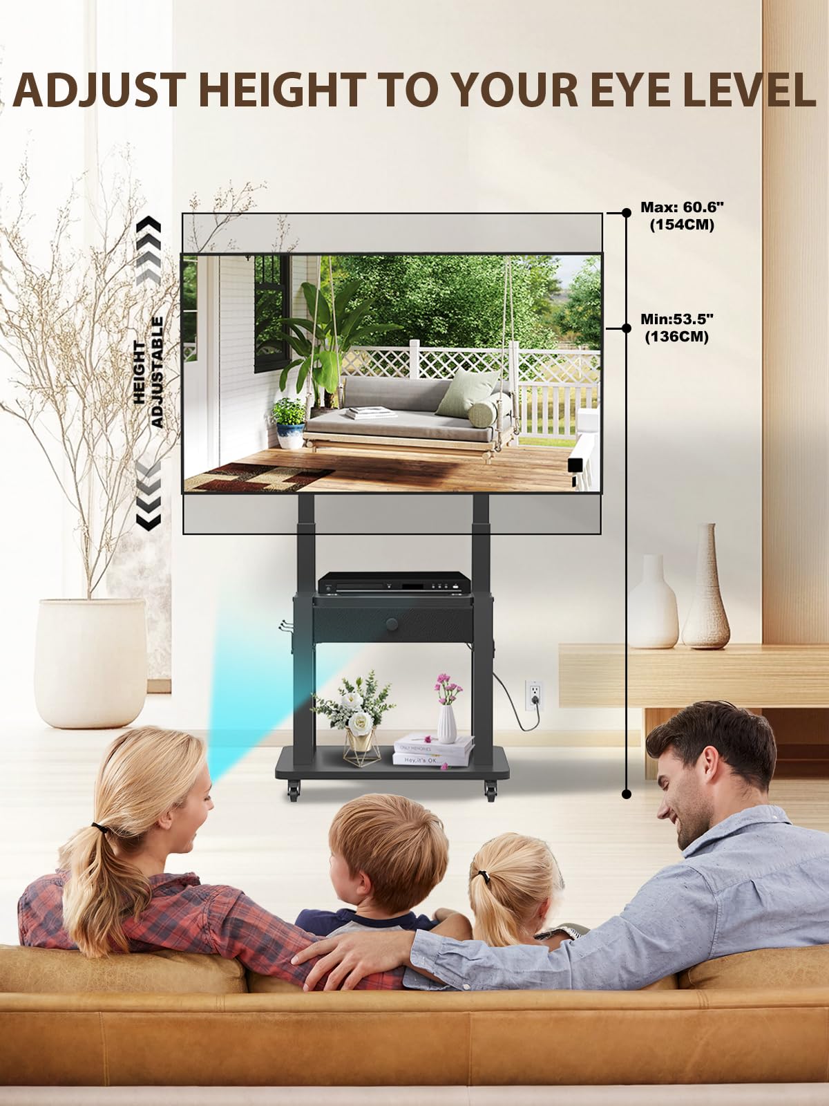 Black Rolling TV Stand with Power Outlet for 32-75 Inch Screens B19573