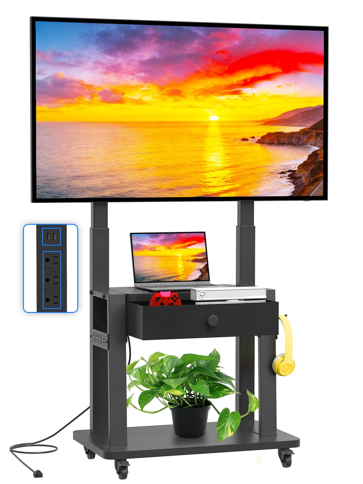 Black Rolling TV Stand with Power Outlet for 32-75 Inch Screens B19573
