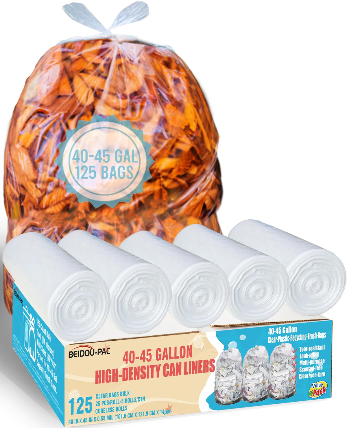 40-45 Gallon Clear Heavy Duty Plastic Trash Bags, 125 Count D563625