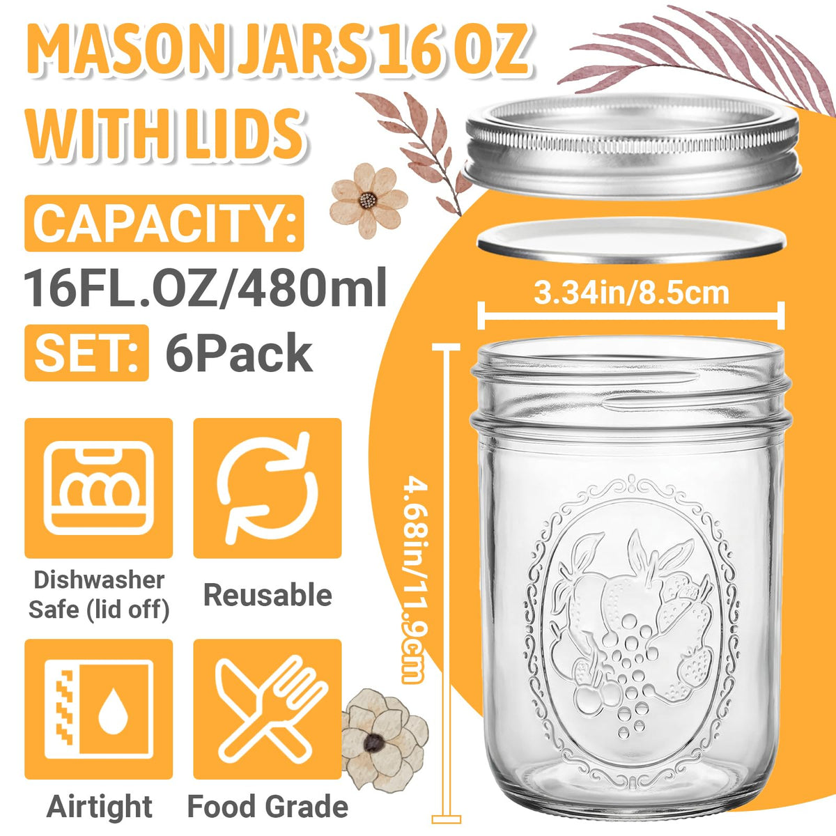 16 oz 6 Pack Wide Mouth Mason Jars with Airtight Lids W468
