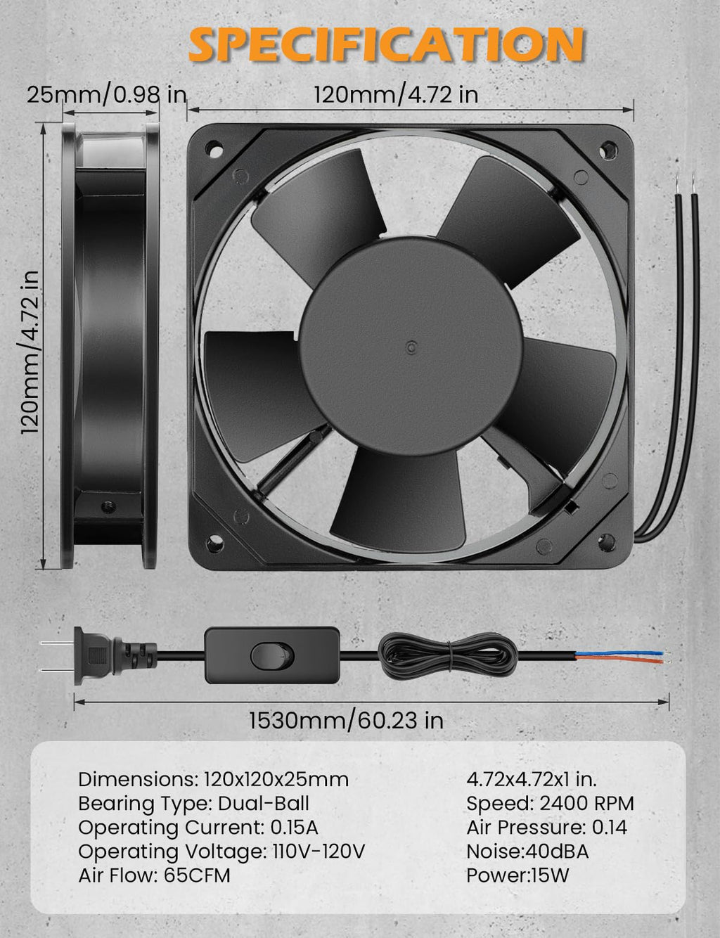 120mm x 25mm AC Ball Bearing Computer Fan I4584